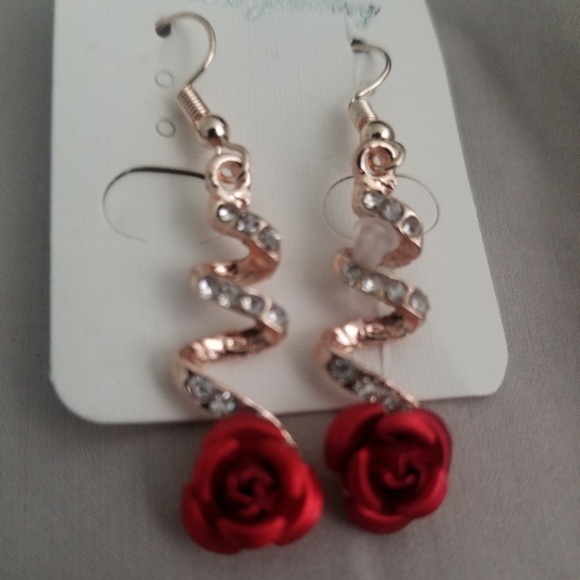 Gold and Red Rose Dangle Earrings - Picture 3 of 3